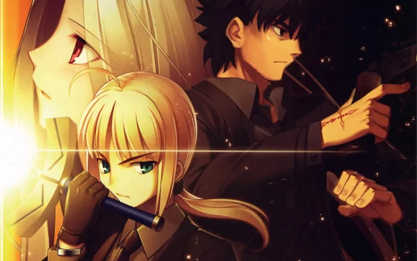 A stunning HD wallpaper featuring Kiritsugu Emiya, Irisviel Von Einzbern, and Saber from the Fate/Zero anime, capturing the intensity and emotion of their journey.