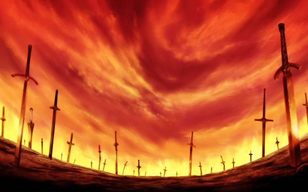 A dramatic anime scene from Fate/Stay Night: Unlimited Blade Works, featuring a fiery sky filled with sword silhouettes, creating an intense and captivating atmosphere.