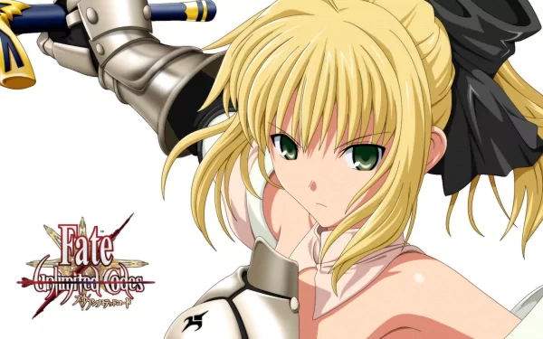 HD desktop wallpaper featuring Saber Lily from the anime Fate/unlimited codes, showcasing her in armor with a determined expression and a sword raised.