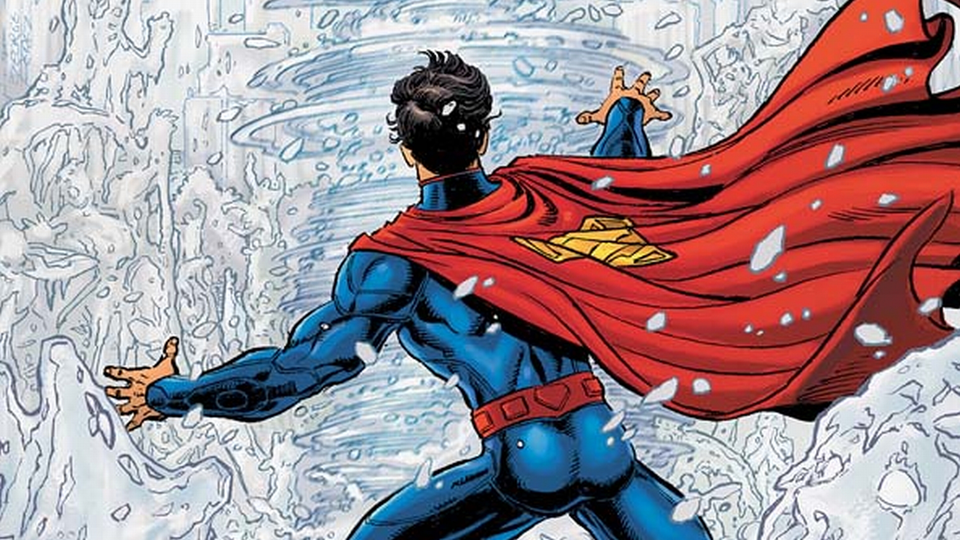 Superman flying with vibrant comic book-style background.