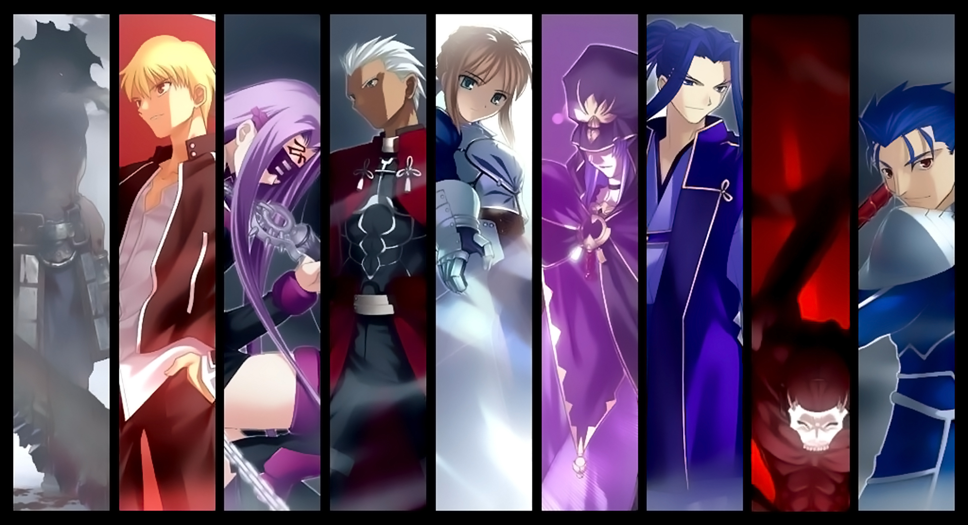 Fate/stay night character lineup featuring Gilgamesh, Saber, Caster, Lancer, Berserker, Rider, Assassin, and Archer