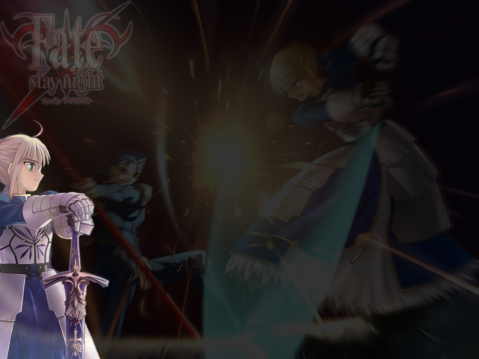 Anime warriors Saber and Lancer in an epic Fate/Stay Night battle on a desktop wallpaper.