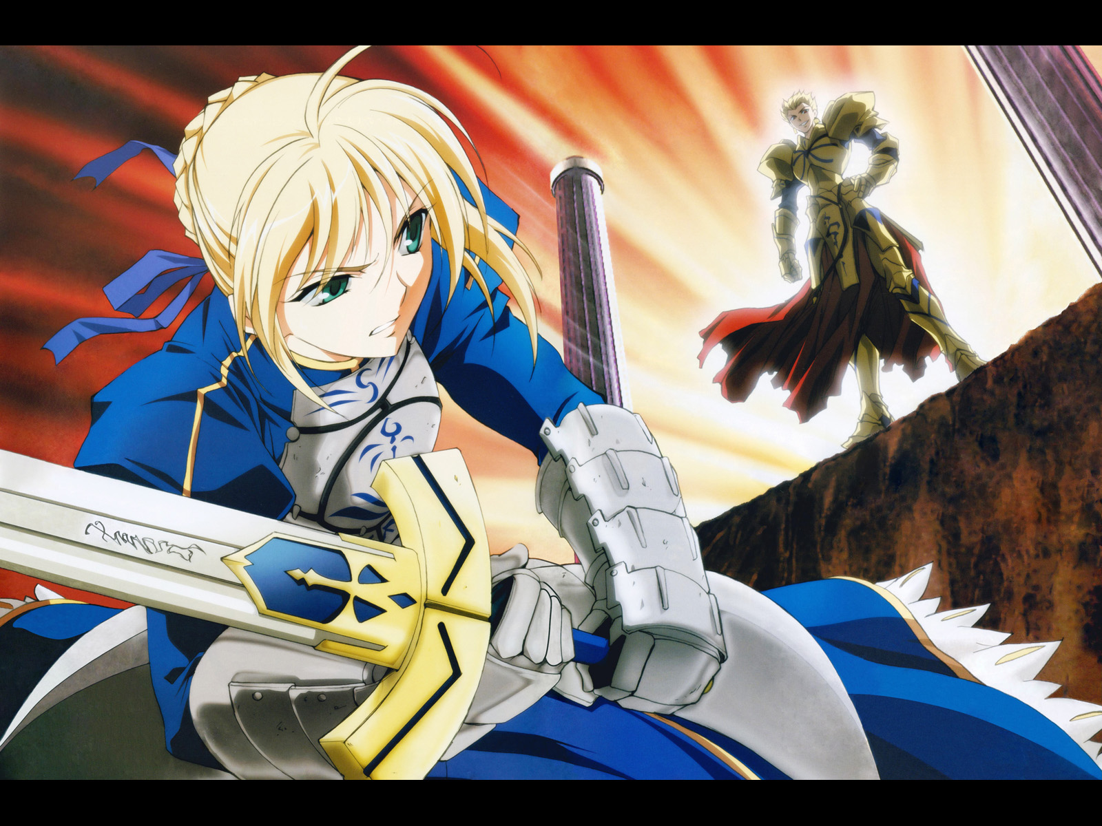 Anime characters from Fate/Zero: Saber, Gilgamesh, Archer in a dramatic scene.
