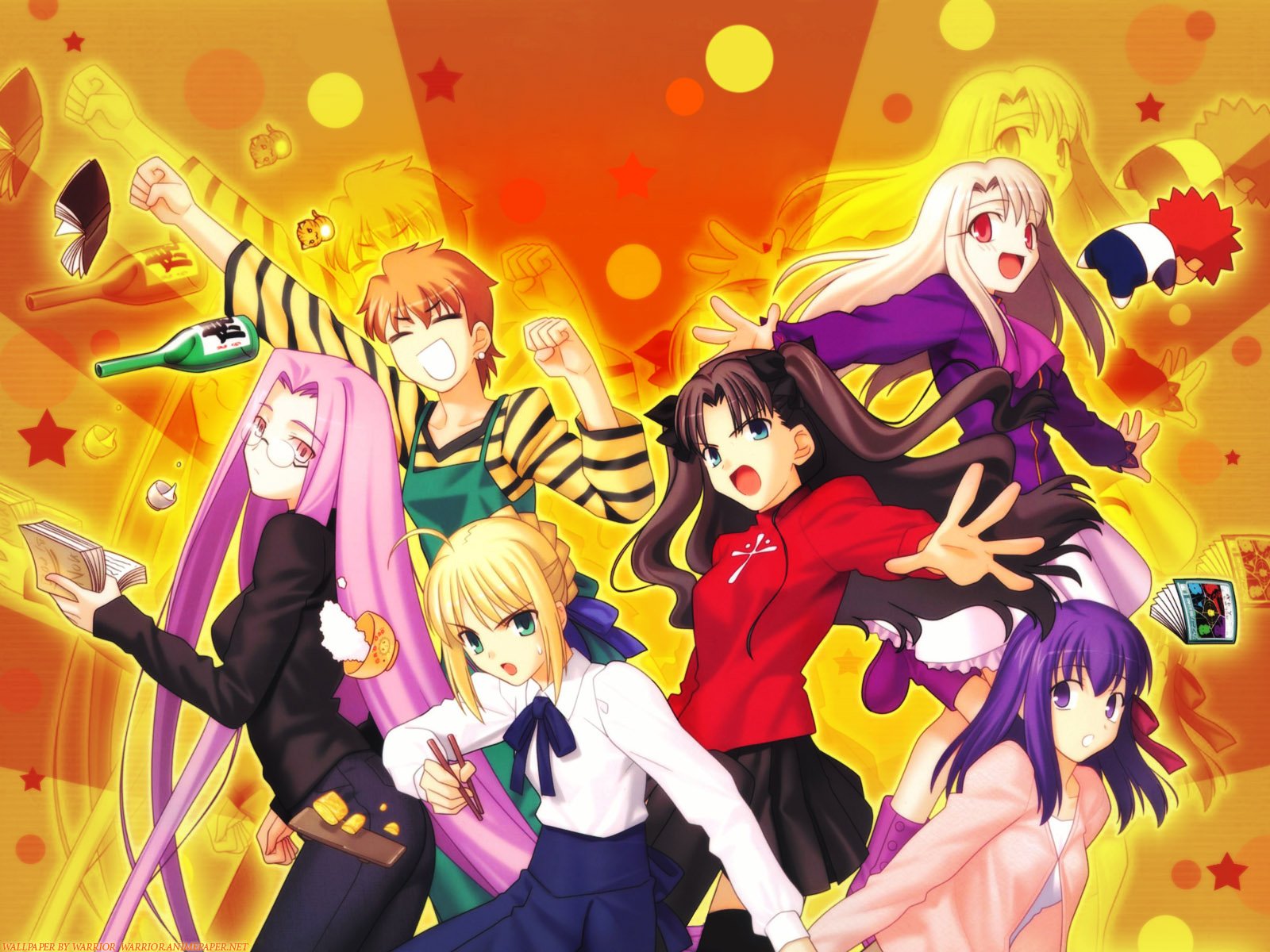 HD PC desktop wallpaper/background: Fate/Stay Night anime characters joyfully posing against a vibrant orange, star-speckled burst.