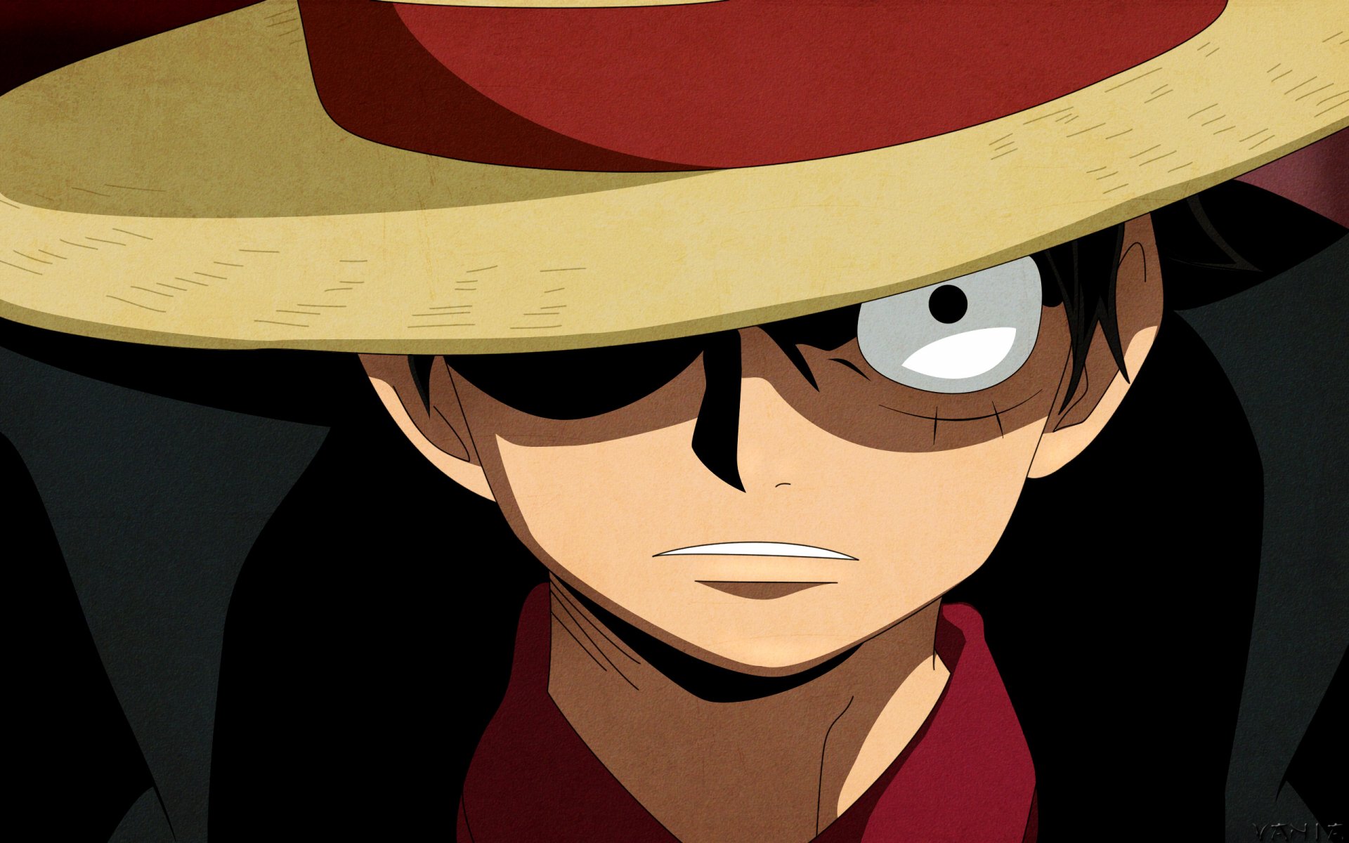 HD desktop wallpaper featuring Monkey D. Luffy from the anime One Piece, showcasing a close-up of his face partially obscured by his signature straw hat.
