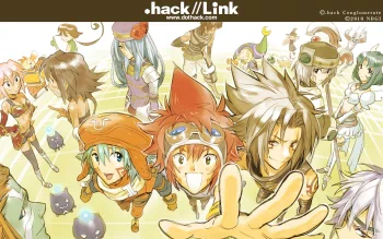 HD anime desktop wallpaper featuring Kaho, Balmung, and Haseo from .hack//Link in vibrant, dynamic poses with a light, fantasy-themed background.