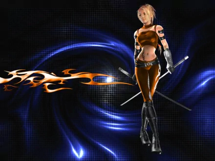Rikku from Final Fantasy X stands confidently in this HD desktop wallpaper, showcasing her signature outfit against a dynamic blue and flame-patterned background.