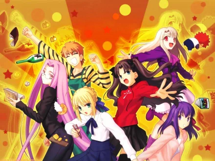 HD PC desktop wallpaper/background: Fate/Stay Night anime characters joyfully posing against a vibrant orange, star-speckled burst.