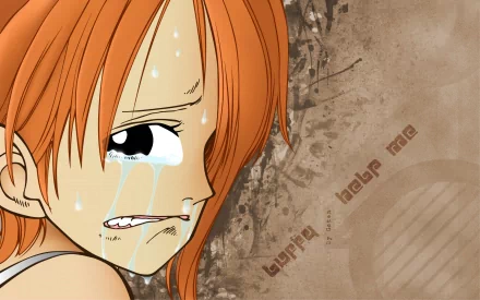 HD anime desktop wallpaper featuring Nami from One Piece with tears streaming down her face against a textured brown background.