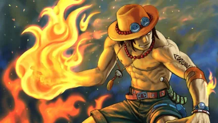 HD desktop wallpaper featuring Portgas D. Ace from the anime One Piece, showcasing Ace with flames emanating from his hand while wearing his signature hat and beads.