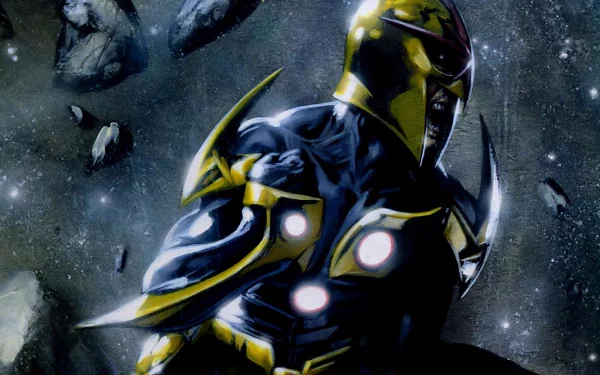HD PC desktop wallpaper featuring Nova from Marvel Comics in a cosmic scene surrounded by floating asteroids, showcasing dynamic lighting and detailed suit design.