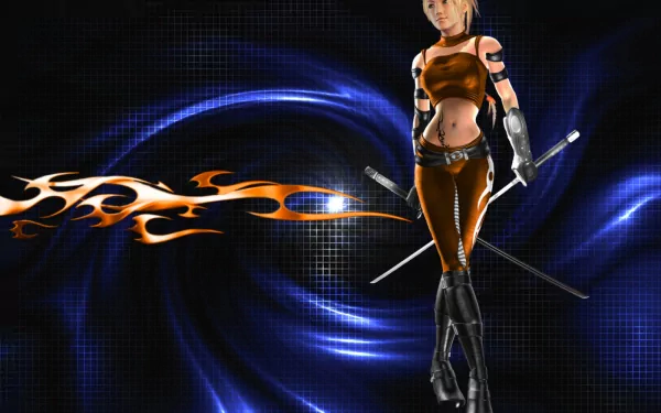 Rikku from Final Fantasy X stands confidently in this HD desktop wallpaper, showcasing her signature outfit against a dynamic blue and flame-patterned background.