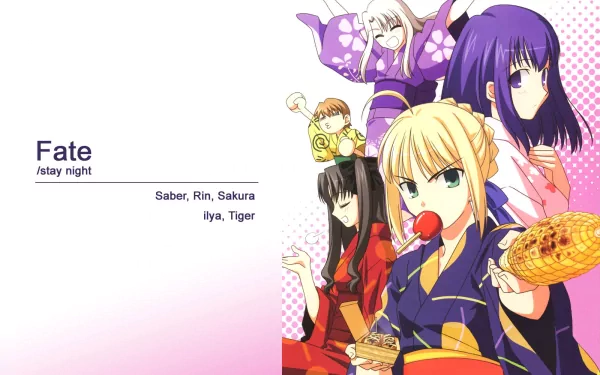 A vibrant HD desktop wallpaper featuring characters from the Fate/Stay Night series, including Saber, Rin Tohsaka, Sakura Matou, and Illyasviel Von Einzbern.