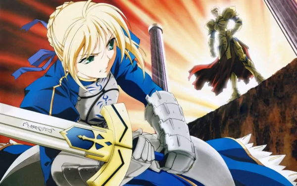 HD anime wallpaper featuring Archer, Gilgamesh, and Saber from Fate/Zero in dynamic poses against a fiery sky background.