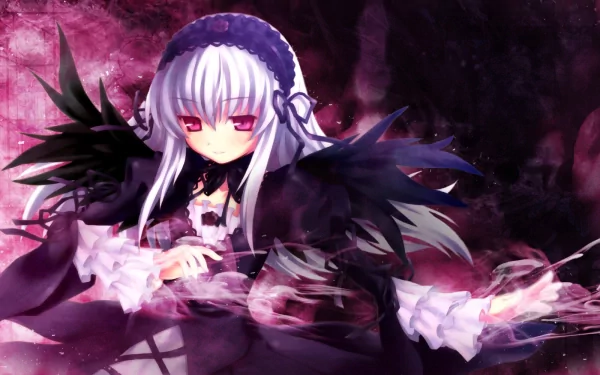 A captivating HD wallpaper featuring an anime character from Rozen Maiden, with striking silver hair, red eyes, and dark attire, surrounded by a mystical, ethereal background.