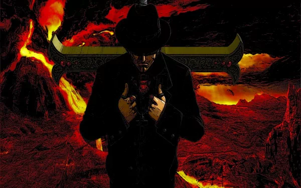 A dramatic HD wallpaper featuring Dracule Mihawk from the anime One Piece, set against a fiery, volcanic background, showcasing his iconic sword and mysterious demeanor.