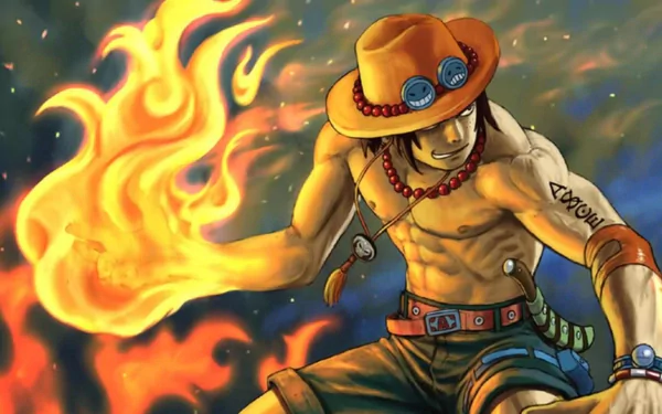 HD desktop wallpaper featuring Portgas D. Ace from the anime One Piece, showcasing Ace with flames emanating from his hand while wearing his signature hat and beads.