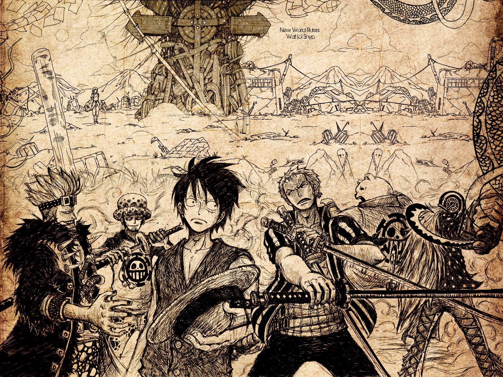 One Piece characters, including Luffy, Zoro, Law, Kid, Killer, and Bepo, stand together in this anime-inspired desktop wallpaper.