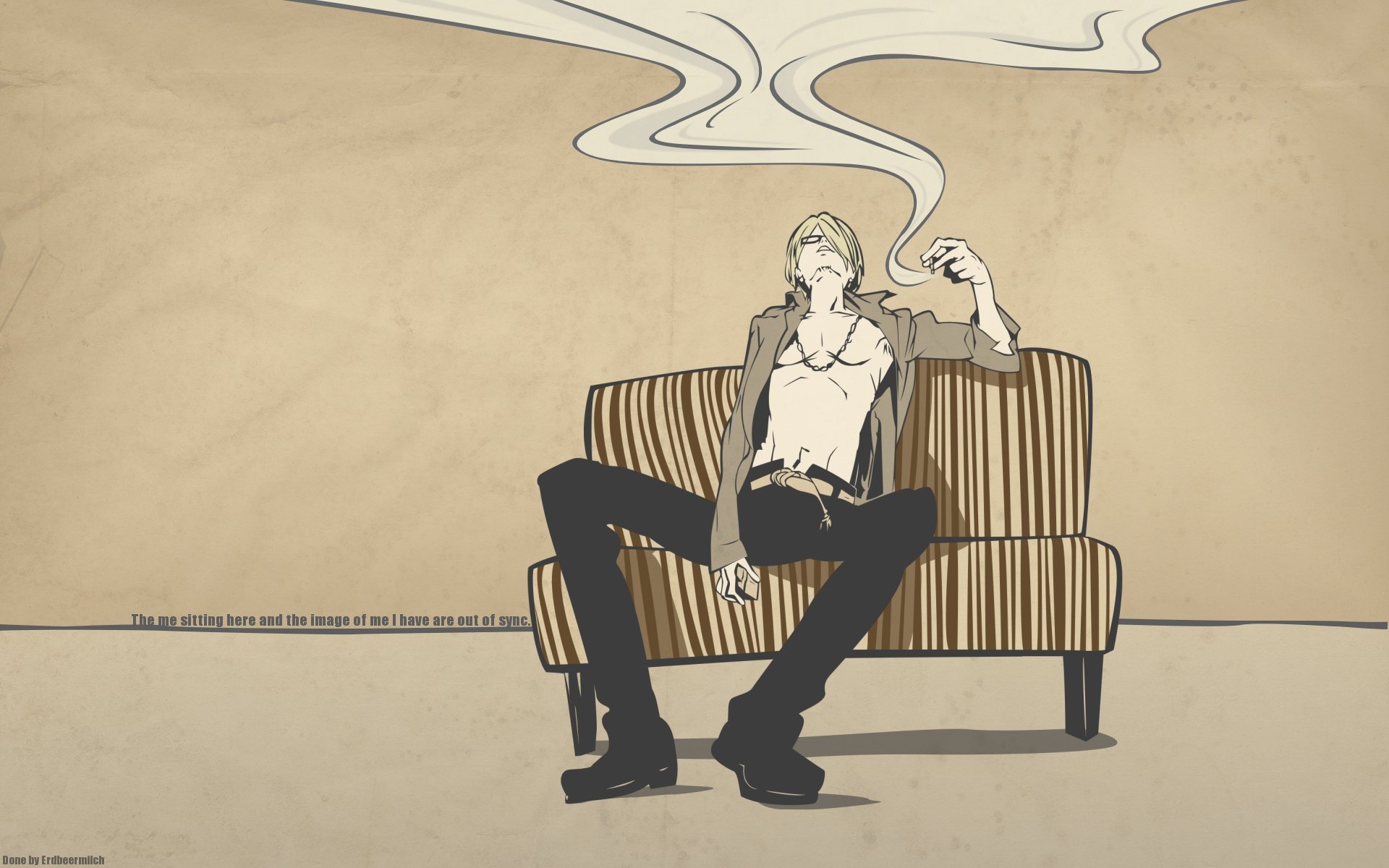 Sanji from One Piece lounges on a striped sofa, exhaling a swirl of smoke, captured in a stylish HD anime wallpaper that highlights his relaxed demeanor.