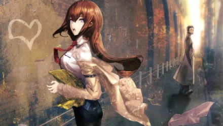 HD desktop wallpaper featuring anime characters Kurisu Makise and Rintaro Okabe from Steins;Gate. Kurisu appears in the foreground holding papers, while Rintaro stands in the background along a path.