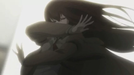 HD wallpaper featuring Kurisu Makise from the anime Steins;Gate, showcasing her in a dramatic pose with flowing hair against a blurred background.