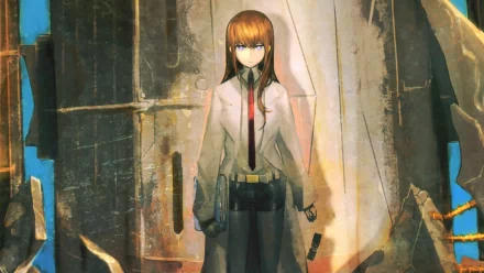 A striking HD wallpaper featuring Kurisu Makise from the anime Steins;Gate, standing confidently amidst a backdrop of shattered structures and mysterious energy.