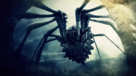 HD PC desktop wallpaper from the video game Demon's Souls: a nightmarish armored spider demon descends through mist and moonlight, spiked carapace and long jointed legs.