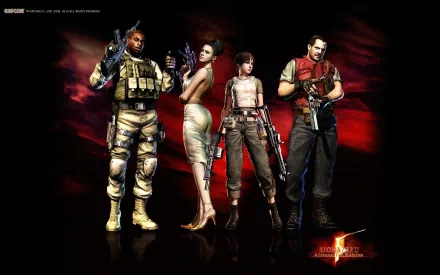 HD PC desktop wallpaper featuring four main characters from the video game Resident Evil 5 standing against a dark red background.