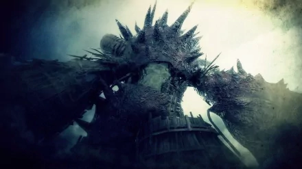 HD PC desktop wallpaper and background from Demon's Souls: a towering spiked, crumbling giant/fortress looms through mist in a dark, eerie, cinematic scene.