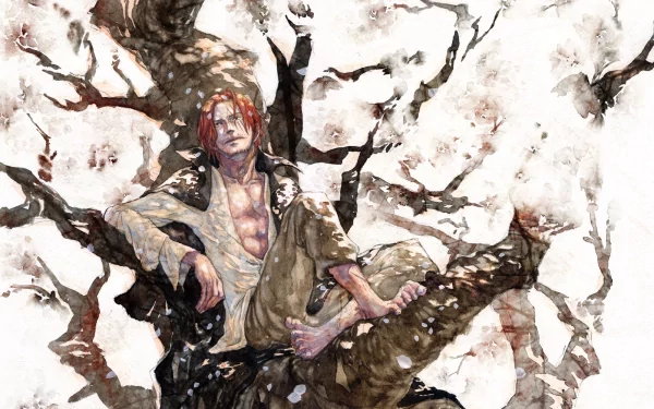 HD desktop wallpaper featuring Shanks from the anime One Piece. Shanks is depicted relaxing on a tree, surrounded by abstract, artistic branches and blossoms.