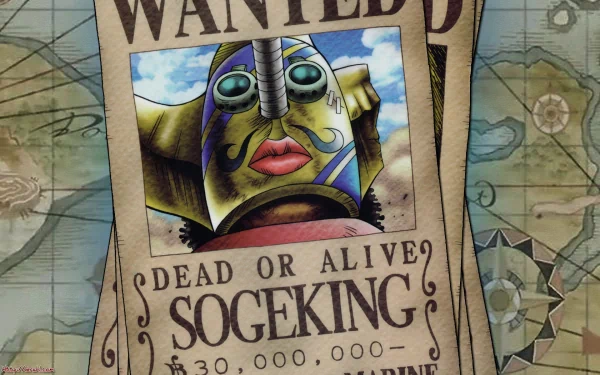 An HD desktop wallpaper featuring a wanted poster of Sogeking from the anime One Piece, highlighting the bounty of 30,000,000 with a colorful background.