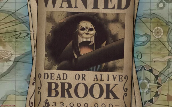 A vibrant HD desktop wallpaper featuring a Wanted poster for Brook from the anime One Piece, showcasing his iconic skull face and a bounty of 33,000,000.