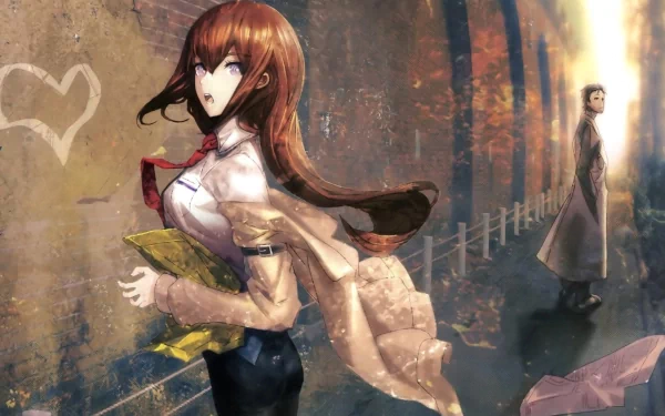 HD desktop wallpaper featuring anime characters Kurisu Makise and Rintaro Okabe from Steins;Gate. Kurisu appears in the foreground holding papers, while Rintaro stands in the background along a path.