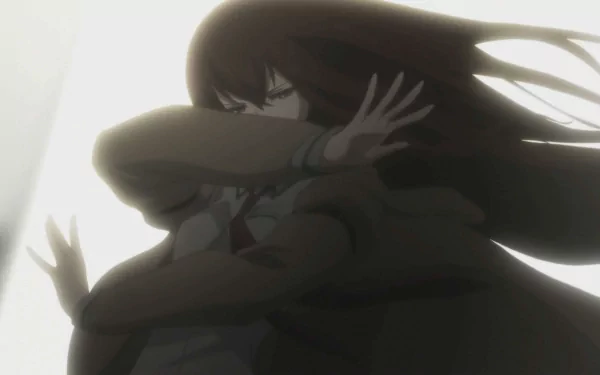 HD wallpaper featuring Kurisu Makise from the anime Steins;Gate, showcasing her in a dramatic pose with flowing hair against a blurred background.
