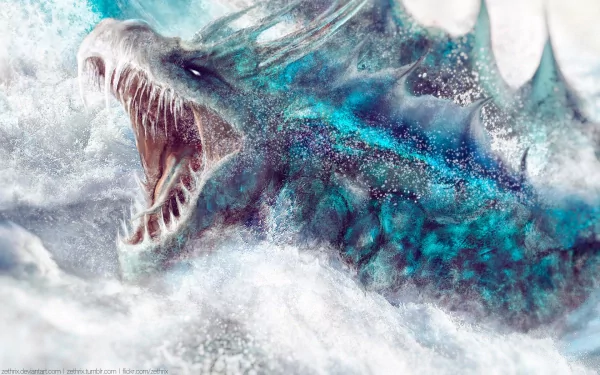 HD fantasy desktop wallpaper featuring a fierce dragon emerging from icy clouds, its mouth open in a roar, showcasing vivid blue and white hues.