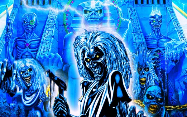 HD desktop wallpaper featuring Iron Maiden's iconic artwork, showcasing a vivid, blue-toned scene with menacing, skeletal figures.