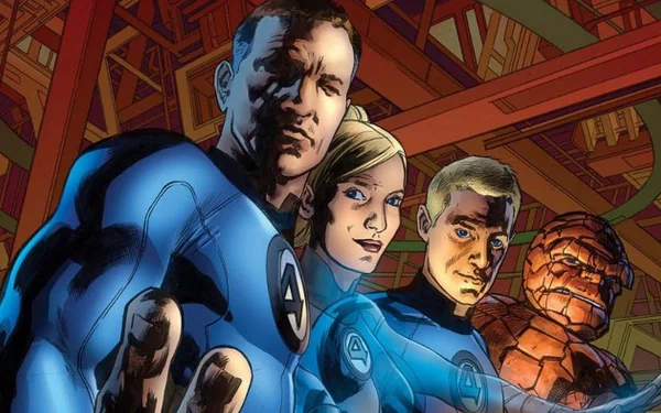 HD desktop wallpaper featuring the Fantastic Four—Mister Fantastic, Invisible Woman, Human Torch, and Thing—alongside Doctor Doom in a dynamic comic-style illustration.