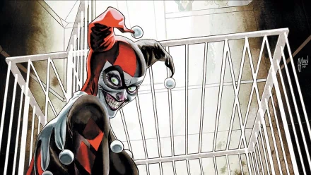 HD PC wallpaper featuring Harley Quinn from the Gotham City Sirens comic, showcasing her classic jester costume and mischievous grin in a stylized comic art scene.