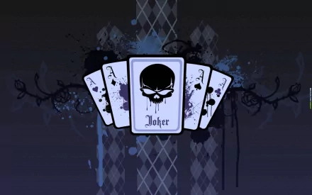 A stylized HD desktop wallpaper featuring playing cards with a Joker design, set against a dark, artistic background with splashes of color and geometric patterns.
