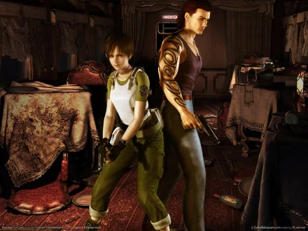 HD PC desktop wallpaper featuring Billy Coen and Rebecca Chambers from the video game Resident Evil 0, standing ready in a dark, eerie room.