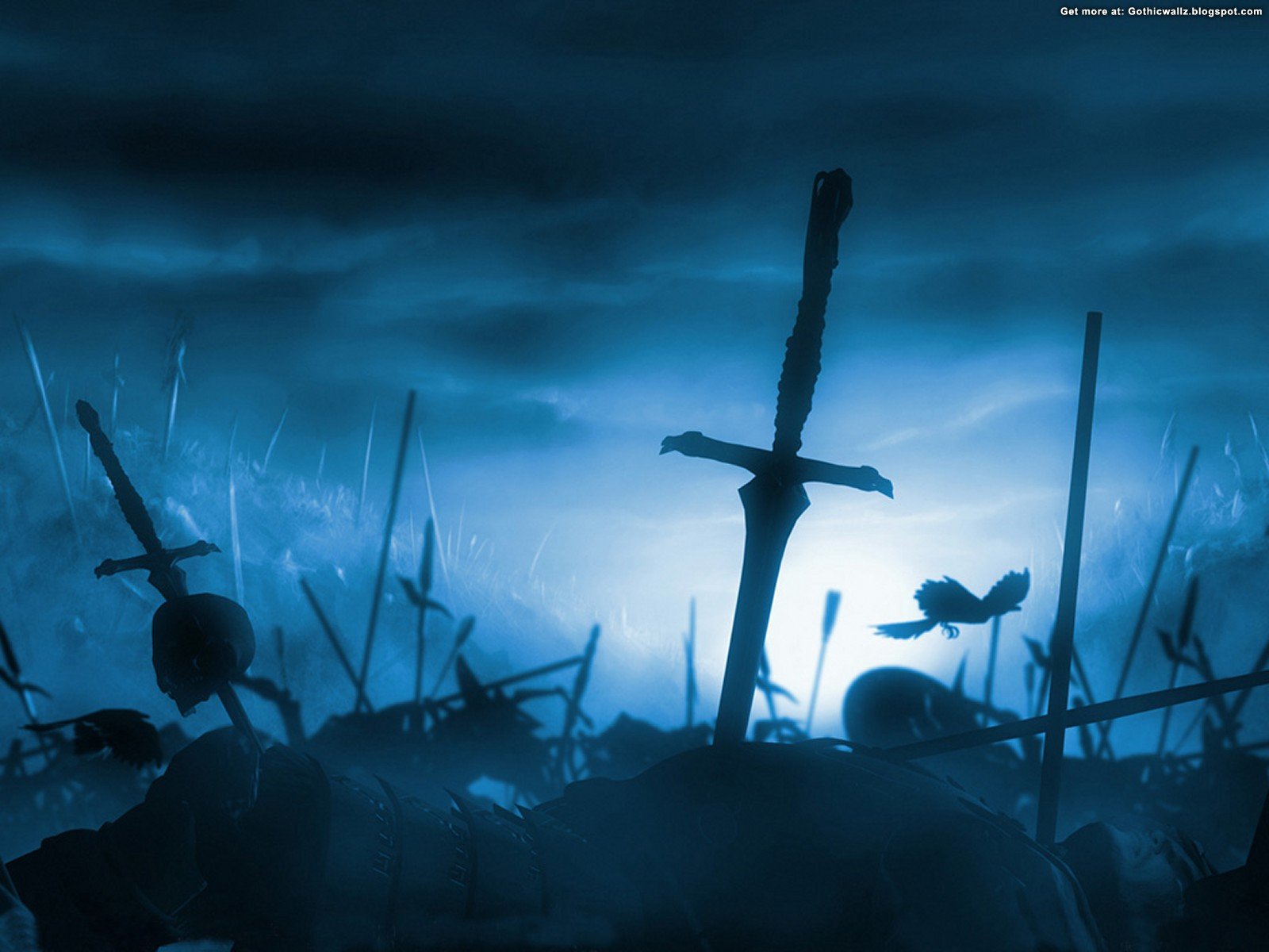 A dark, gothic scene unfolds at night, featuring silhouetted swords rising from a misty battlefield, creating a hauntingly atmospheric HD desktop wallpaper.
