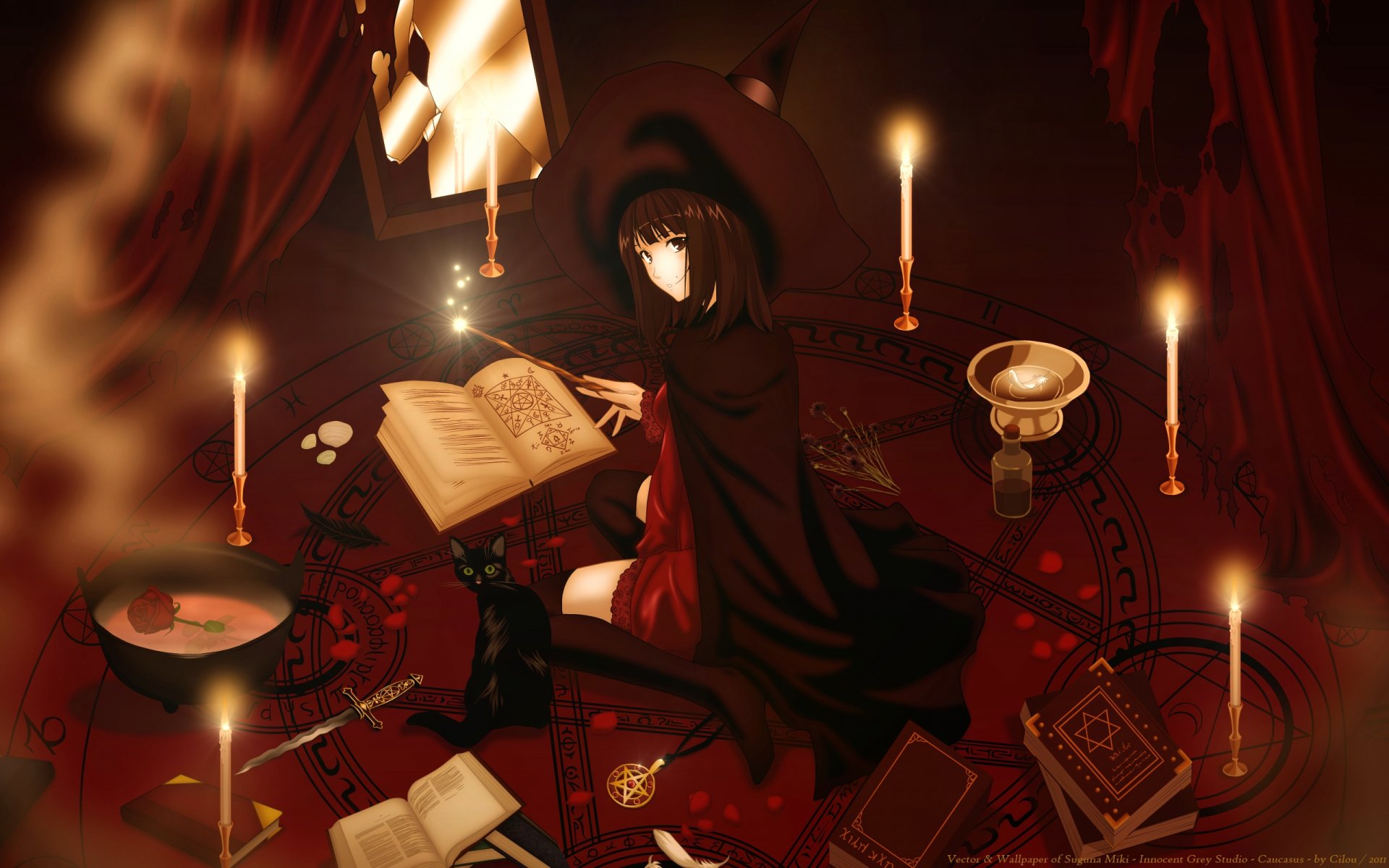 HD anime desktop wallpaper featuring a witch in a dark cloak surrounded by magical books, candles, and mystical symbols in a dimly lit, enchanted setting.
