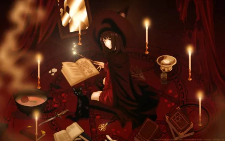 HD anime desktop wallpaper featuring a witch in a dark cloak surrounded by magical books, candles, and mystical symbols in a dimly lit, enchanted setting.