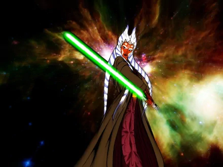 HD Star Wars desktop wallpaper featuring Ahsoka Tano wielding a glowing green lightsaber against a vibrant cosmic background from the movie.