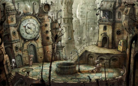 HD PC desktop wallpaper featuring a detailed, steampunk-inspired cityscape from the video game Machinarium.