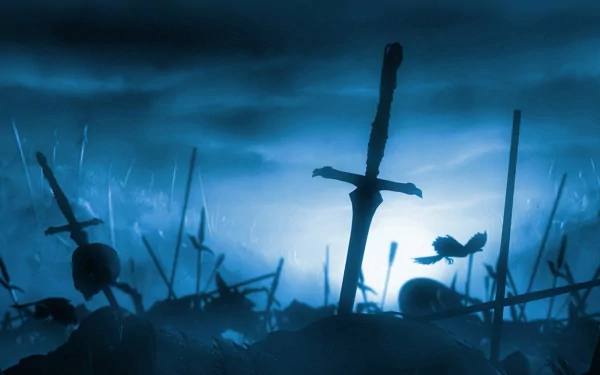 A dark, gothic scene unfolds at night, featuring silhouetted swords rising from a misty battlefield, creating a hauntingly atmospheric HD desktop wallpaper.