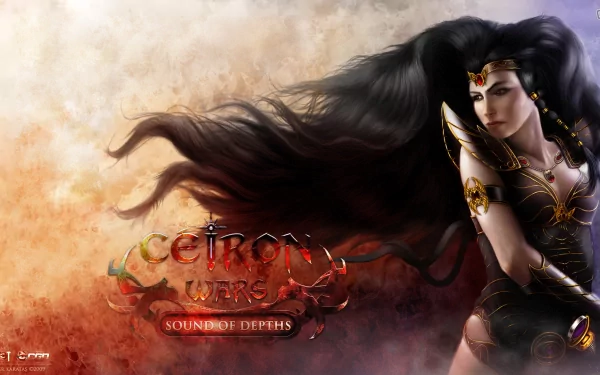 HD PC desktop wallpaper for video game Ceiron Wars: a dark-haired armored warrior woman with flowing hair and ornate gold-trimmed armor against a smoky red-gold sky, with the game logo.
