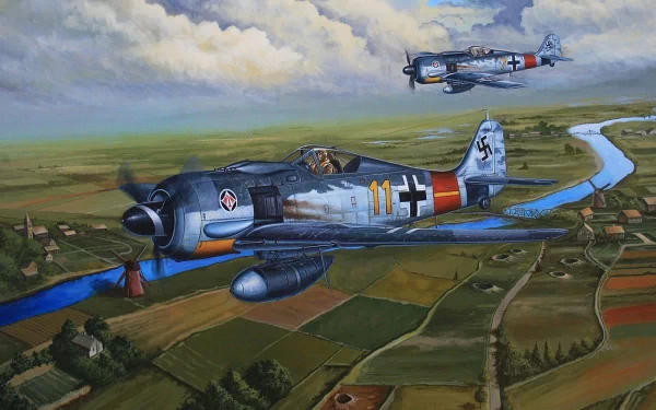 HD PC desktop wallpaper featuring detailed military aircraft flying over a scenic rural landscape under a cloudy sky.