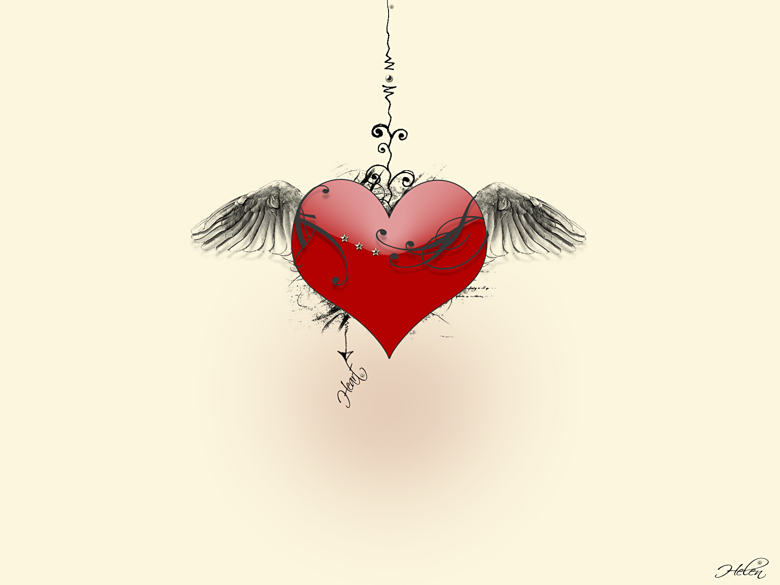 On the Wings of Love: heart-shaped wings in a vibrant desktop wallpaper