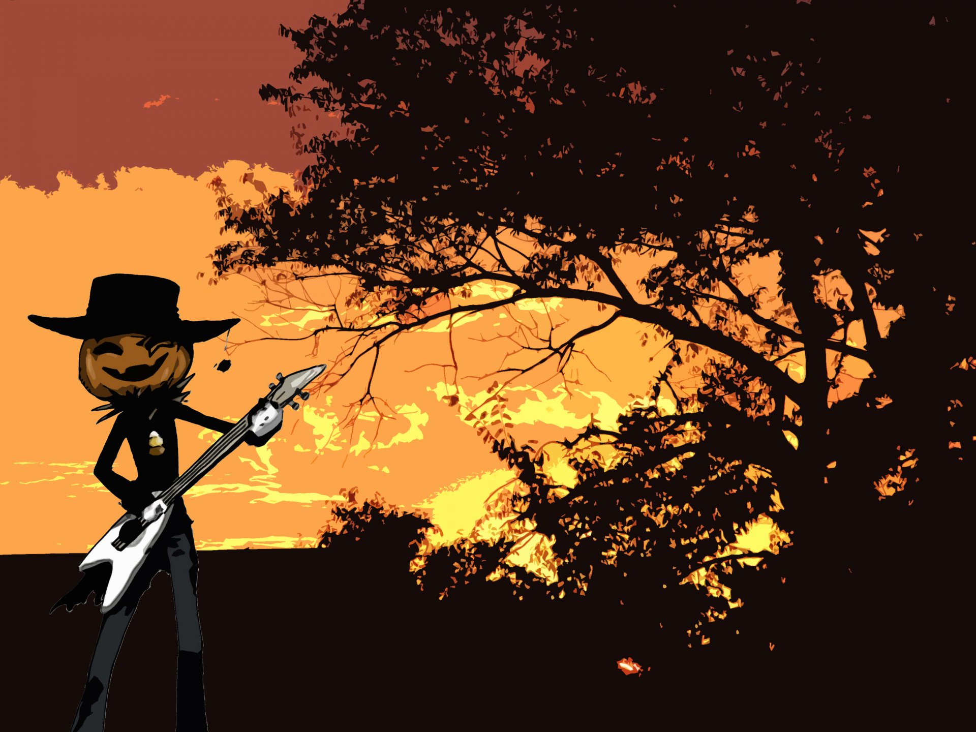 A Halloween-themed HD desktop wallpaper featuring a jack-o'-lantern figure playing a guitar against a vibrant orange sunset with silhouetted trees.